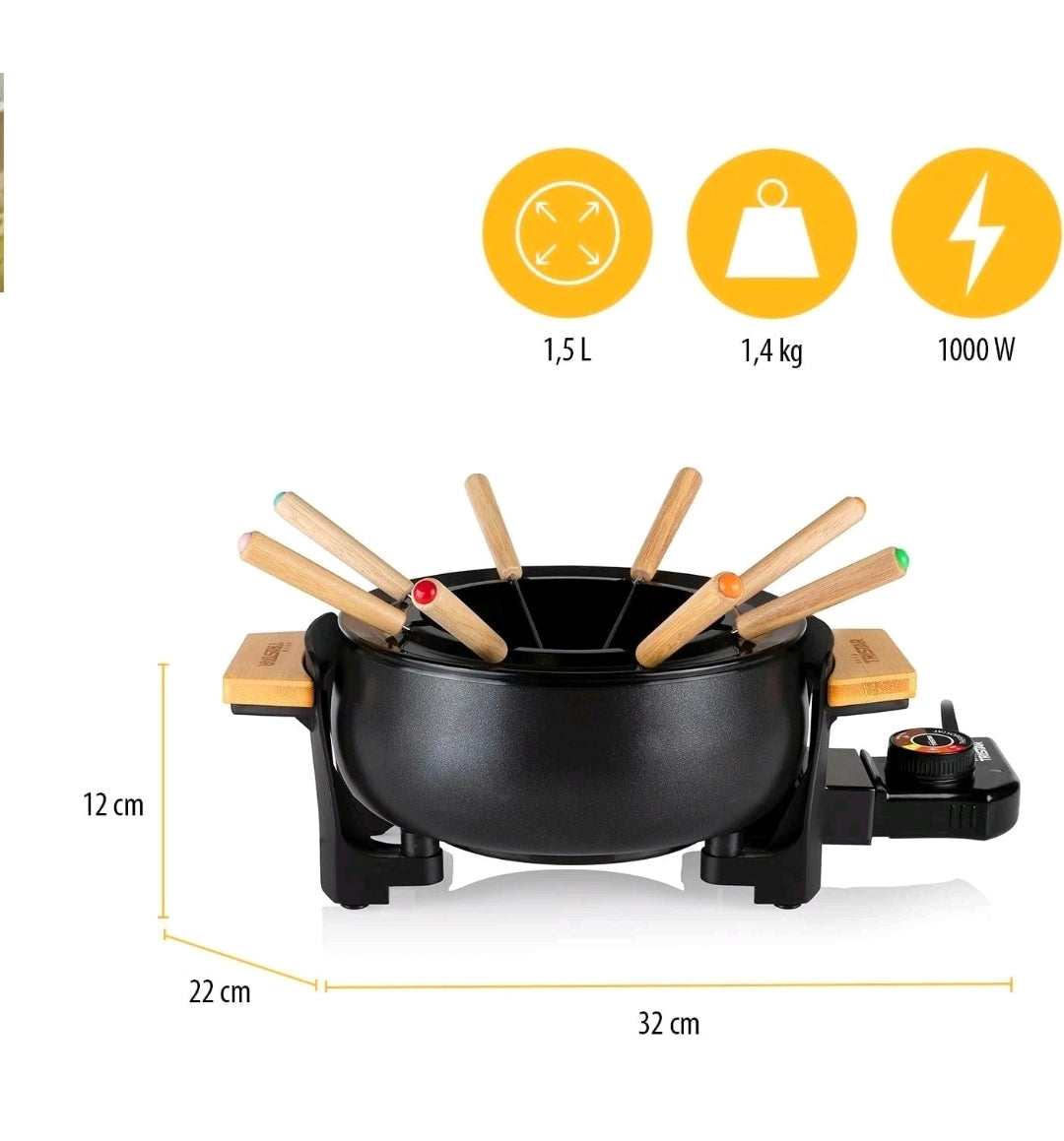 Tristar macchina per Fonduta, bourguignonne, 1000 W, 1,5 L Nero e bamboo