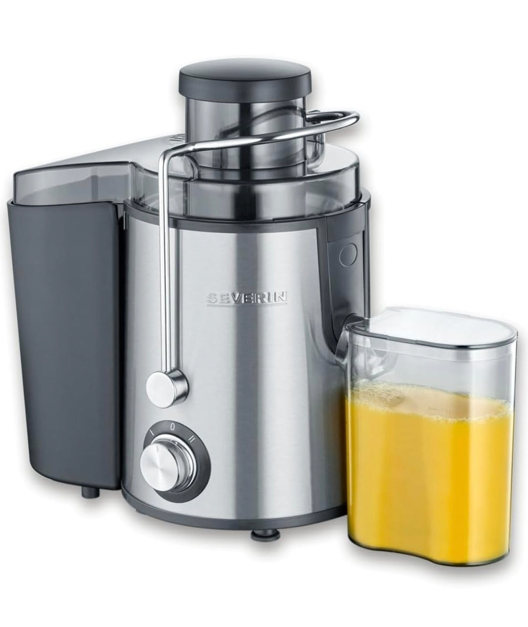 SEVERIN Centrifuga Frutta e Verdura, 400W, 19.000 giri/min, 2 Velocità, Contenitore Succo 0,5L, Contenitore Polpa 1,5L, Antigoccia, BPA Free, 35,0 x 20,0 x 28,0 cm, Nero/Acciaio Inox - ES 3566