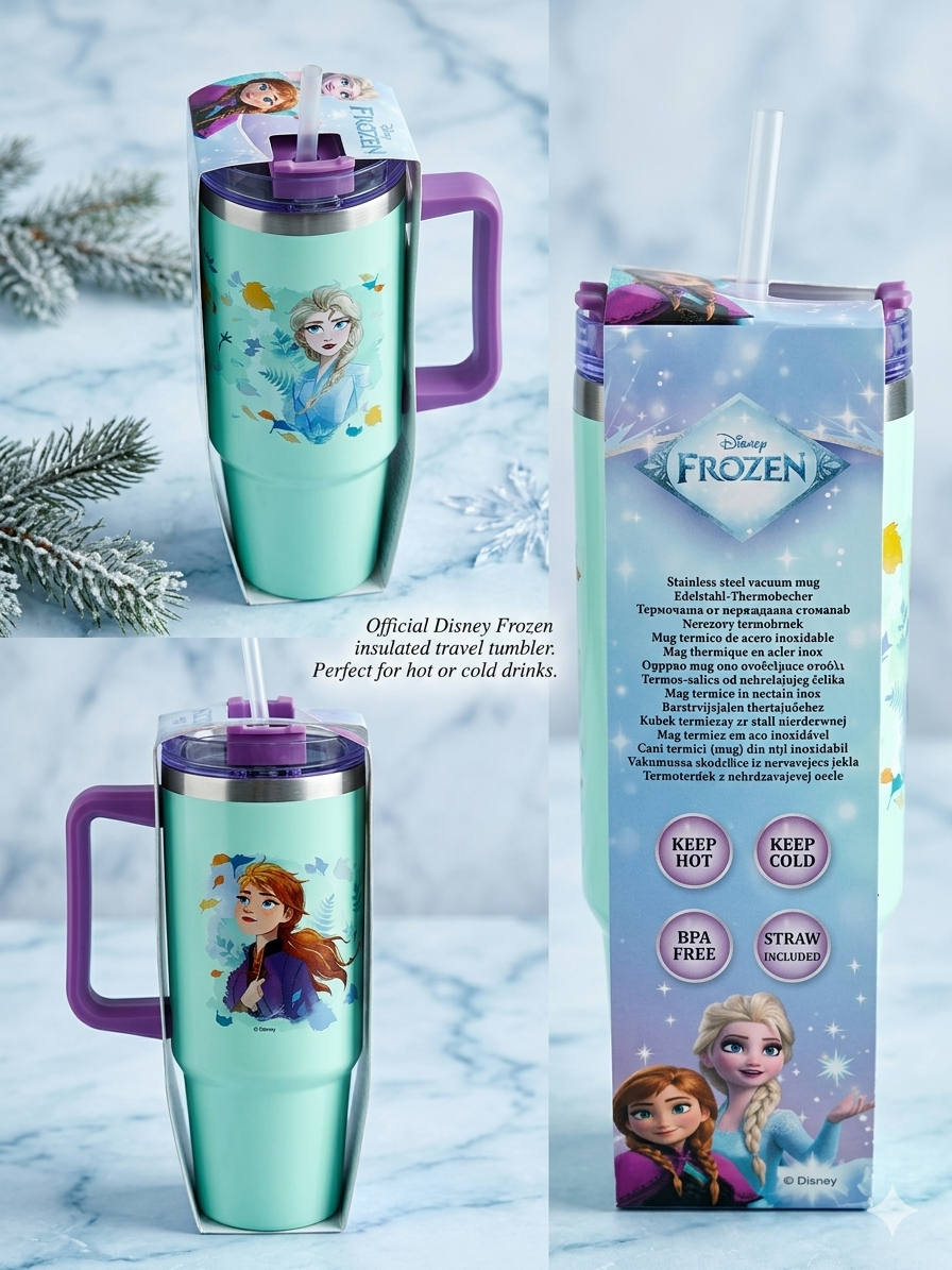 Tazza Termica Disney Frozen – Acciaio Inox con Manico e Cannuccia - 900 ml