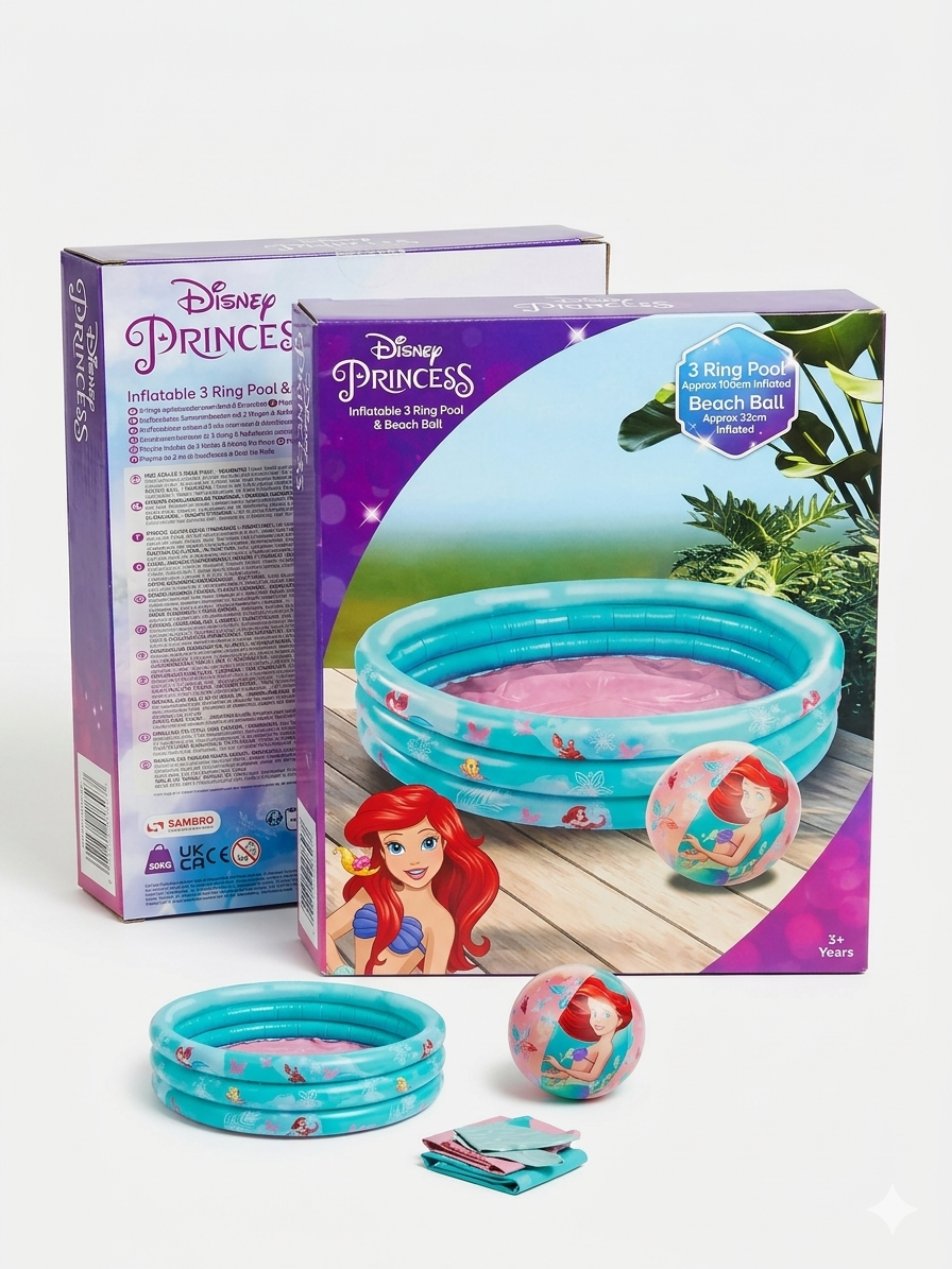 Piscina Gonfiabile Disney Princess a 3 Anelli e Palla da Spiaggia - Set Completo per Bambini