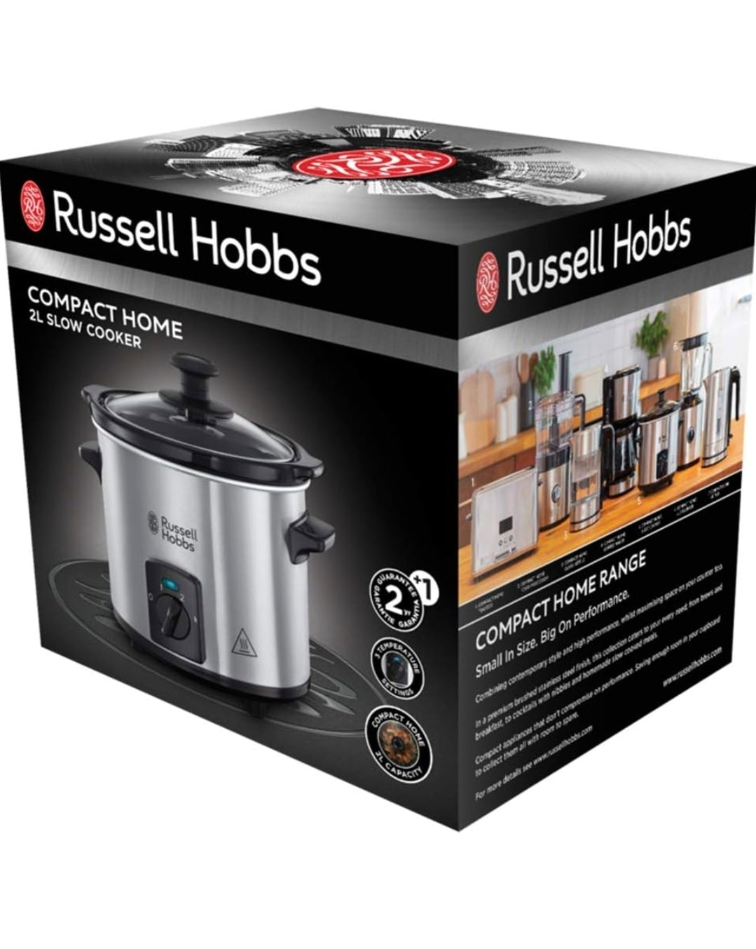 Russell Hobbs Pentola a cottura lenta compatta, 2L, Pentola rimovibile in ceramica, 3 temperature, 145 W, Acciaio Inox, Compact Home Slow Cooker 25570-56