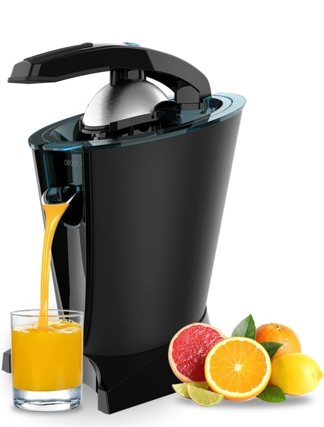 Cecotec Spremiagrumi elettrico a braccio EssentialVita Hyden 600. 600 W, Filtro in acciaio inossidabile, 2 Coni rimovibili, Leva di pressione, Sistema antigoccia
