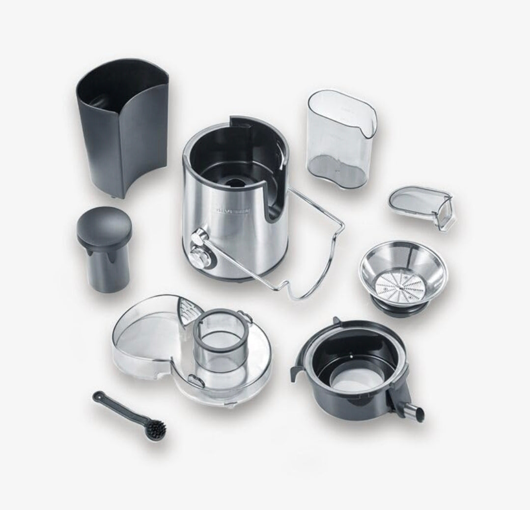 SEVERIN Centrifuga Frutta e Verdura, 400W, 19.000 giri/min, 2 Velocità, Contenitore Succo 0,5L, Contenitore Polpa 1,5L, Antigoccia, BPA Free, 35,0 x 20,0 x 28,0 cm, Nero/Acciaio Inox - ES 3566